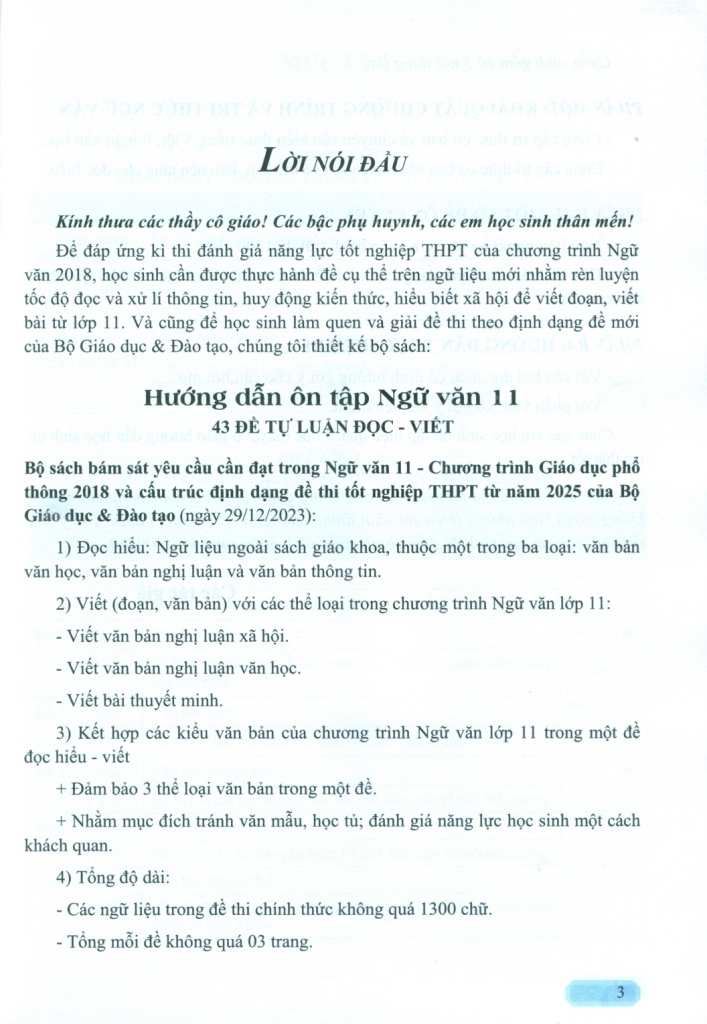 HƯỚNG DẪN ÔN TẬP MÔN NGỮ VĂN LỚP 11 - 43 ĐỀ TỰ LUẬN ĐỌC - VIẾT (Theo định dạng đề thi mới của Bộ GD-ĐT; Tiền đề cho kì thi tốt nghiệp THPT; Dùng chung cho 3 bộ SGK hiện hành)